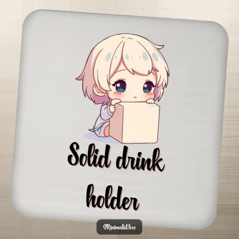 Funny drink coaster with a thoughtful character and a cube, protecting surfaces with humor.
