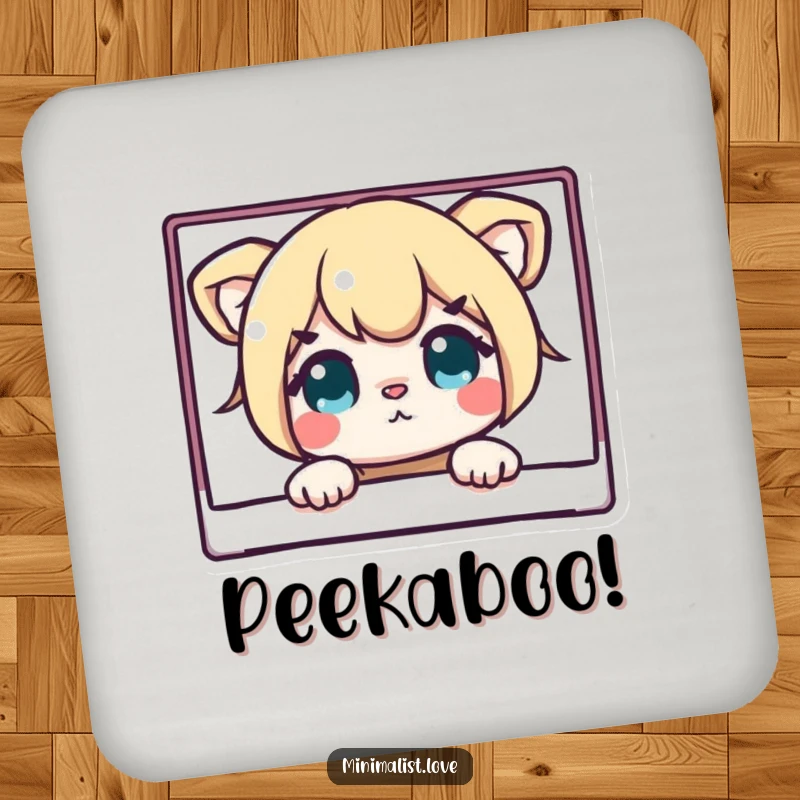 Funny drink coaster with a curious character peeking from behind a clean rectangle, protecting surfaces with humor.