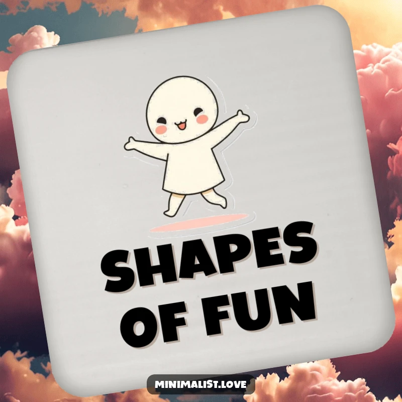Funny minimalist character dancing with simple geometric shapes, on a drink coaster. Humorous and protective accessory.