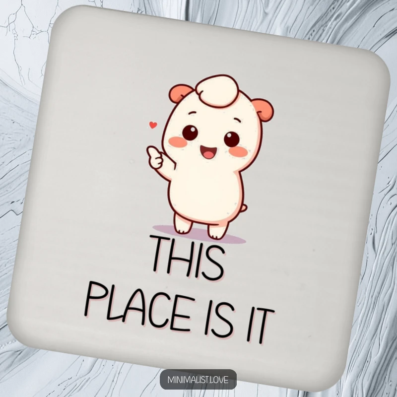 Funny kawaii character pointing at a minimalist element, a delightful design on a drink coaster, perfect for adding cute charm to any surface.