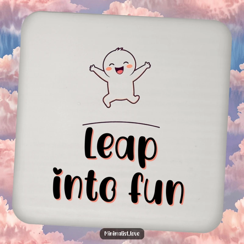 Funny Drink Coaster featuring a minimalist character joyfully leaping over a simple line, protecting furniture with humor.