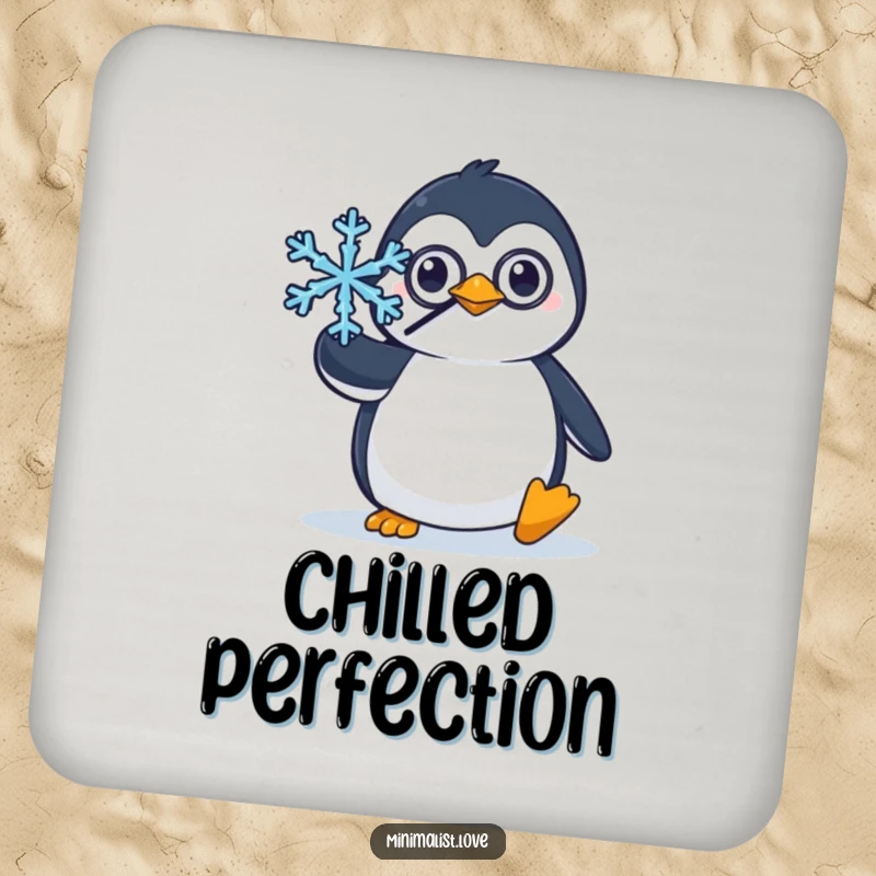 Funny drink coasters with a penguin wearing a monocle, balancing a snowflake, perfect for protecting surfaces with elegance.