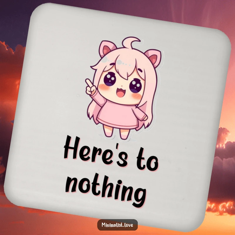 Funny drink coaster with a character pointing at an empty space, protecting surfaces with humor.