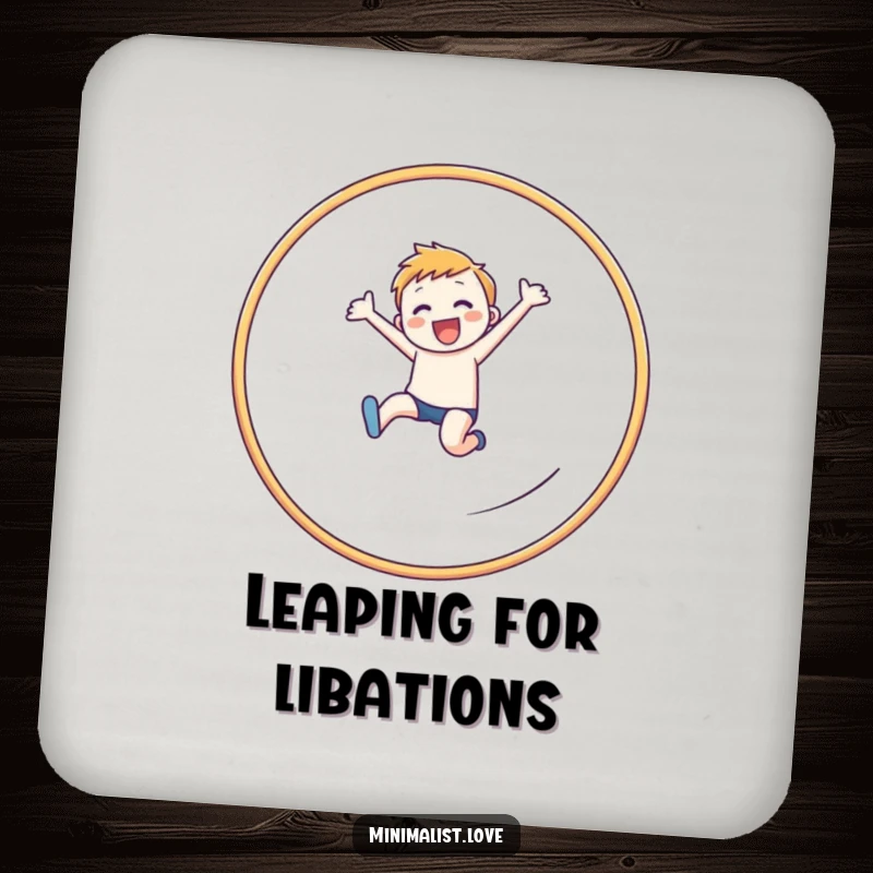 Funny cheerful figure coaster showing a dynamic leap through a clean, linear hoop, symbolizing accomplishment.