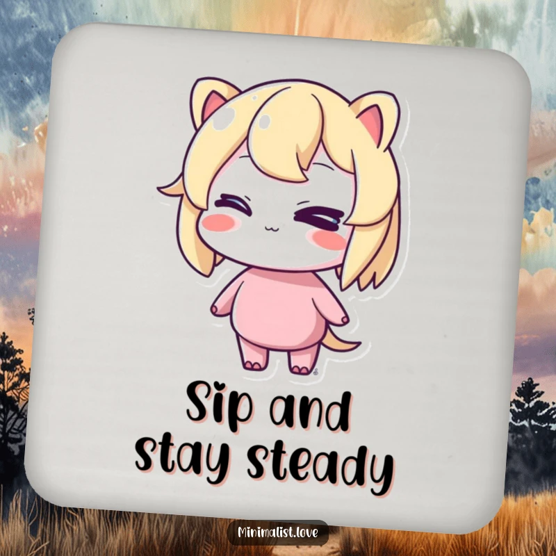 Funny drink coaster featuring a character winking cheekily while standing in perfect balance, adding humorous flair.