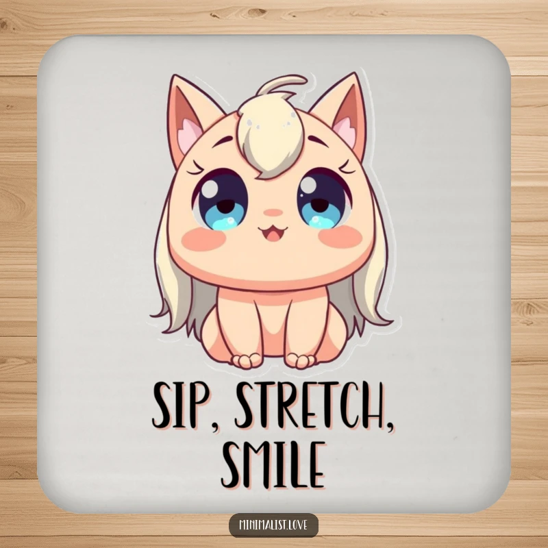 Funny drink coaster featuring a character with wide, happy eyes stretching gracefully upwards, adding humorous and serene flair.