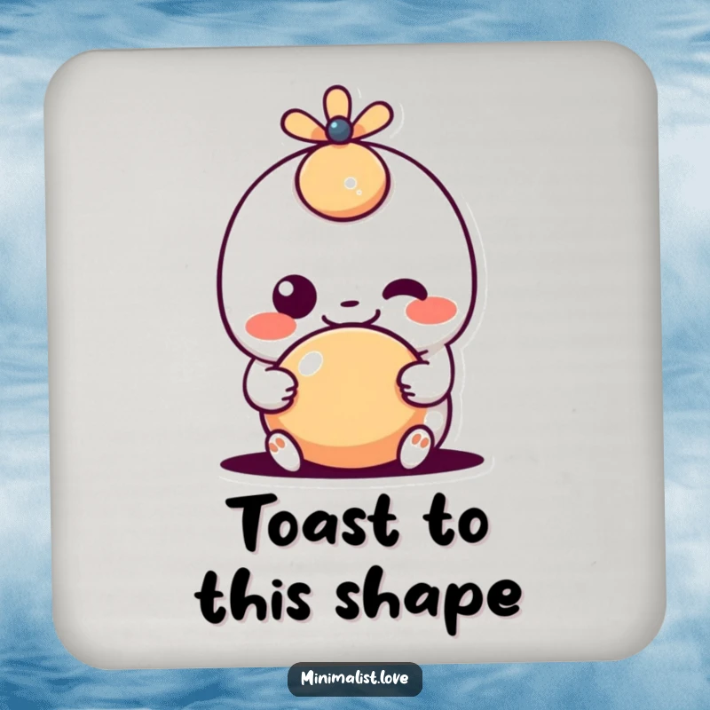 Funny kawaii character with a goofy grin interacting with a simple shape, a delightful design on a drink coaster, perfect for adding cute charm and humor.