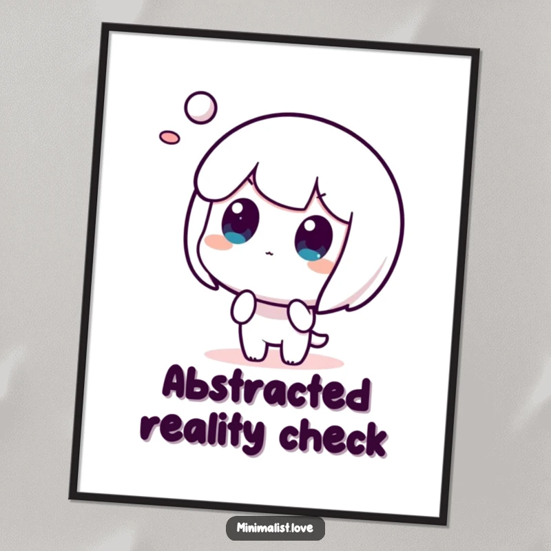 Funny poster depicting a character's comical surprise at a floating abstract shape, for art lovers.