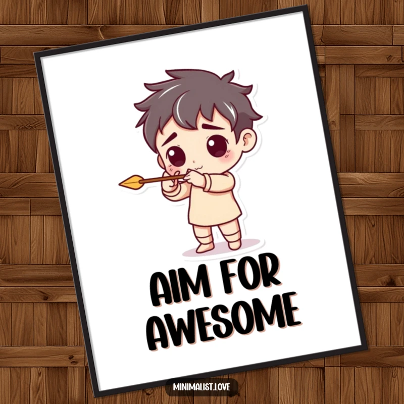 Funny poster showing a character pretending to aim a tiny, minimalist arrow, symbolizing focus and playful intent.