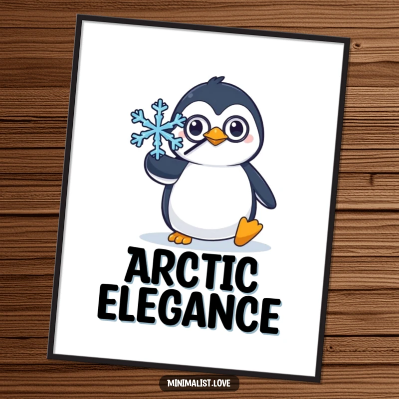 Funny poster art of a penguin wearing a monocle, carefully balancing a single, perfect snowflake with a distinguished air.