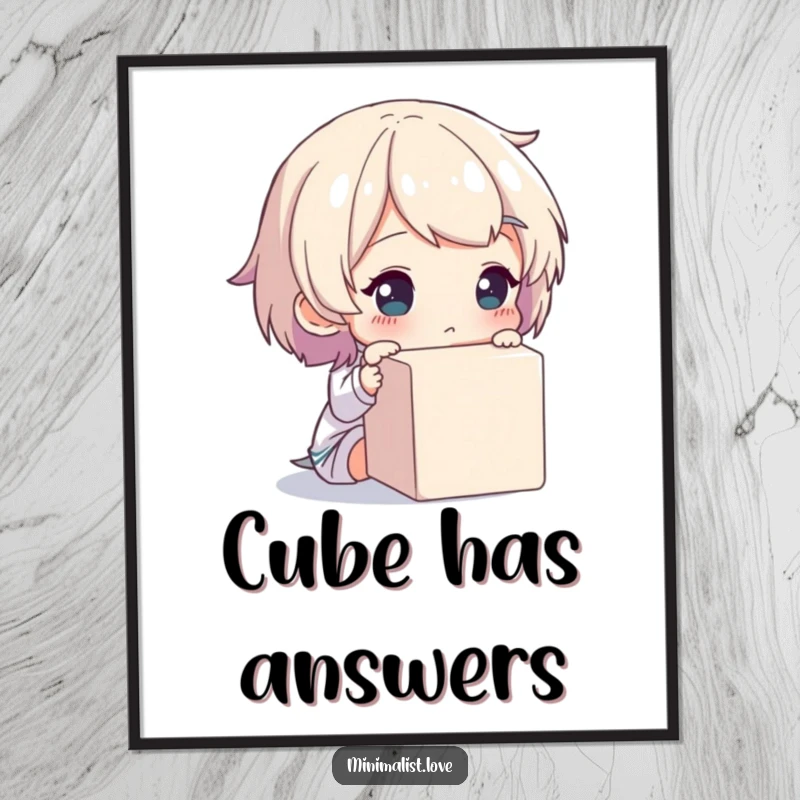 Funny poster of a character looking thoughtfully at a single, unadorned cube, great for art lovers.