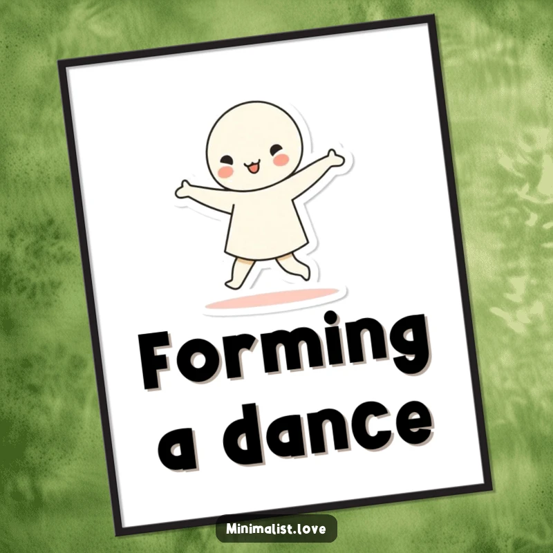 Funny minimalist character dancing with simple geometric shapes, as a wall poster. Abstract, rhythmic, and humorous artwork.