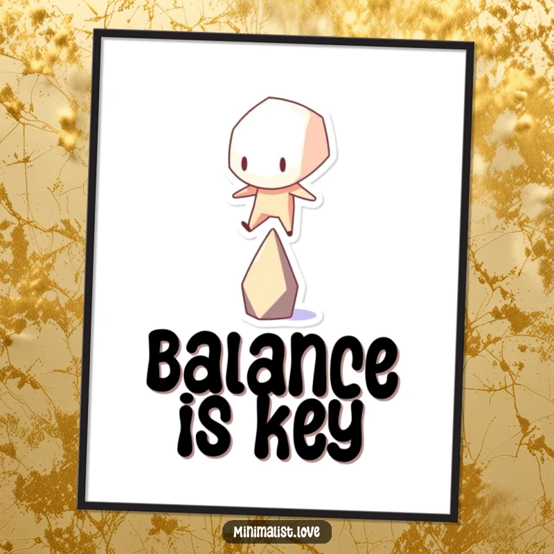 Funny stark geometric shape character attempting to balance on a single point, depicted as wall art.