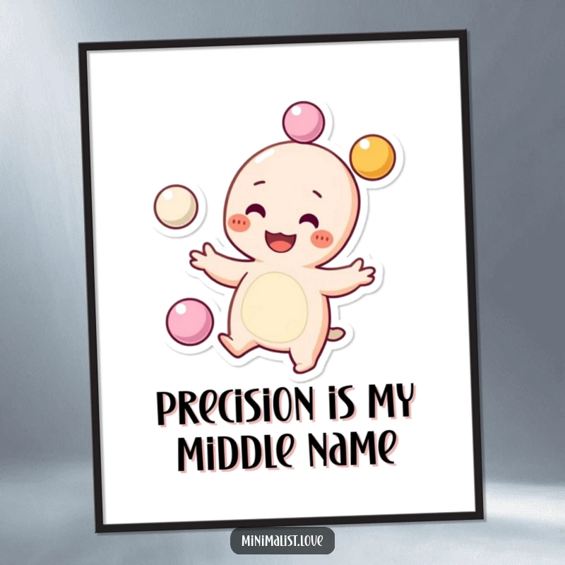 Funny Poster of a grinning character with dots for cheeks, expertly juggling three small spheres, bringing cheer. Ideal funny gift.