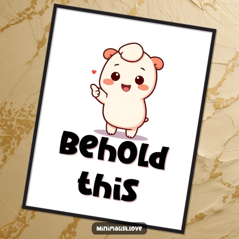 Funny kawaii character pointing towards a single minimalist element, presented as cheerful wall art, exuding simple joy and cute aesthetics.