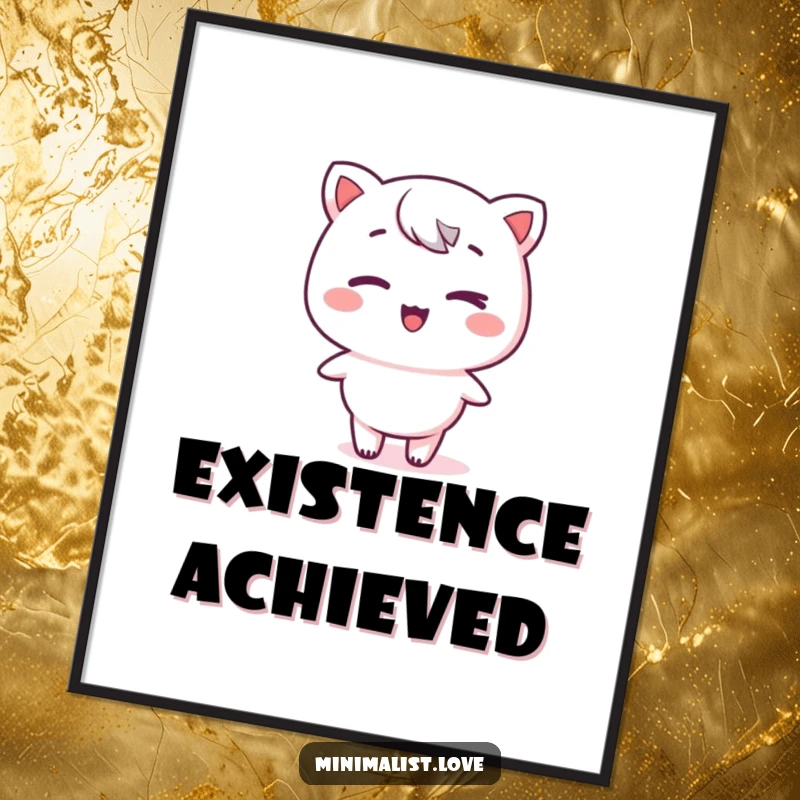 Funny kawaii character winking on a stark, flat plane, presented as minimalist wall art, exuding subtle humor and cute aesthetics.