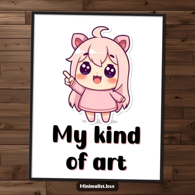 Funny poster of a character pointing with excitement at a clean, empty area, great for abstract art fans.