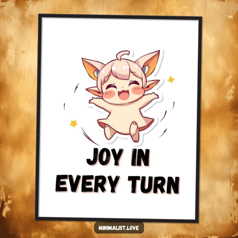 Funny Poster of a small character with pointed ears, spinning joyfully with abandon. Ideal funny gift.