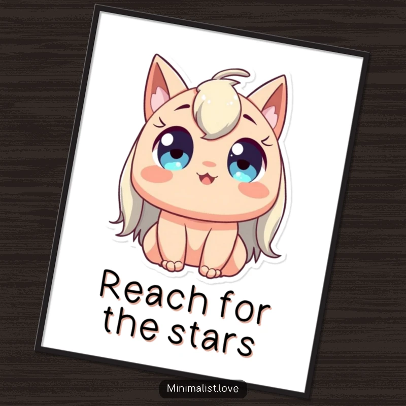 Funny poster of a character with wide, happy eyes stretching gracefully upwards, ideal for adding calming and humorous decor.