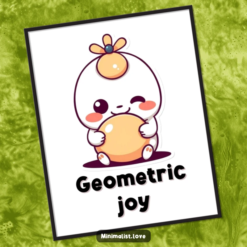 Funny kawaii character with a goofy grin interacting with a simple shape, presented as cheerful wall art, exuding pure joy and cute aesthetics.