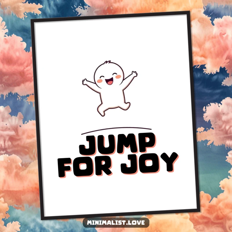 Funny Poster featuring a minimalist character joyfully leaping over a simple line, adding artistic whimsy and humor.