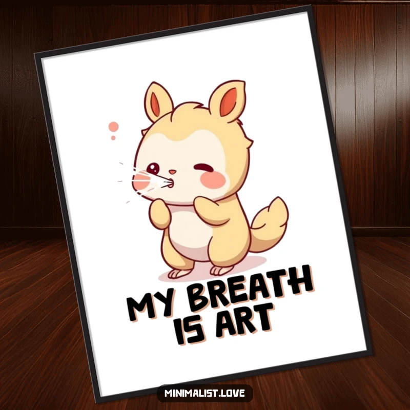 Funny playful creature poster illustrating a stream of clean, white lines being blown, symbolizing creativity.