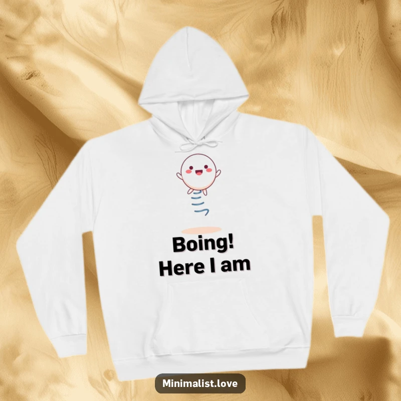 Funny Hoodie, a round character happily bouncing on a spring, cozy and fun.
