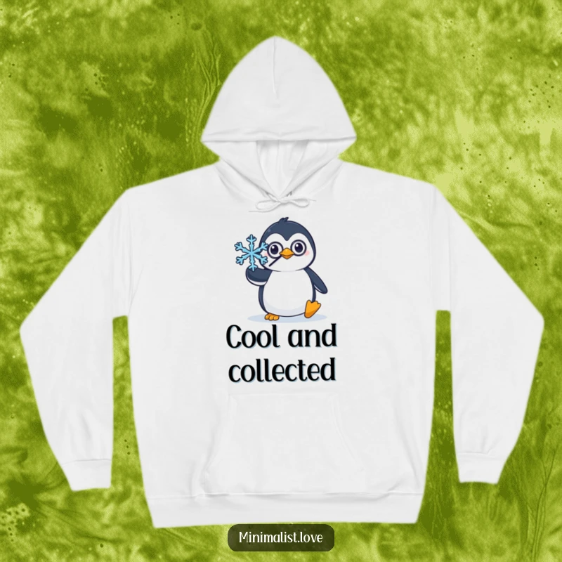 Funny hoodie depicting a penguin wearing a monocle, balancing a single snowflake, perfect for cozy, sophisticated winter days.