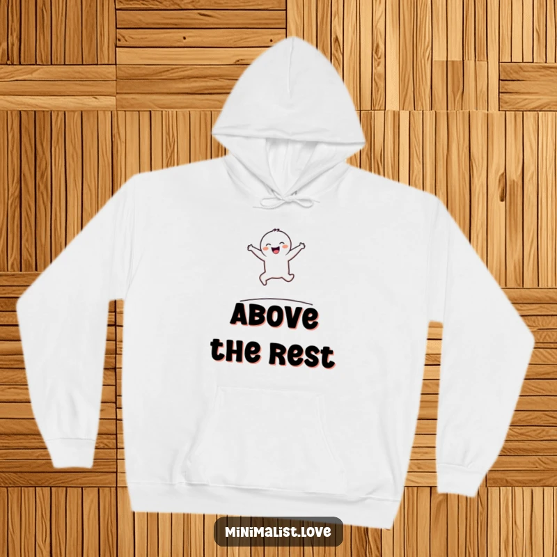 Funny Hoodie depicting a minimalist character in a joyful, energetic leap over a basic line, radiating happiness.