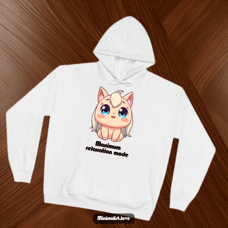 Funny hoodie featuring a character with wide, happy eyes stretching gracefully upwards, symbolizing peacefulness, joy, and ultimate comfort.