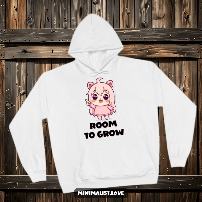 Funny hoodie with a character pointing energetically at a clean, empty space, for ultimate comfort.