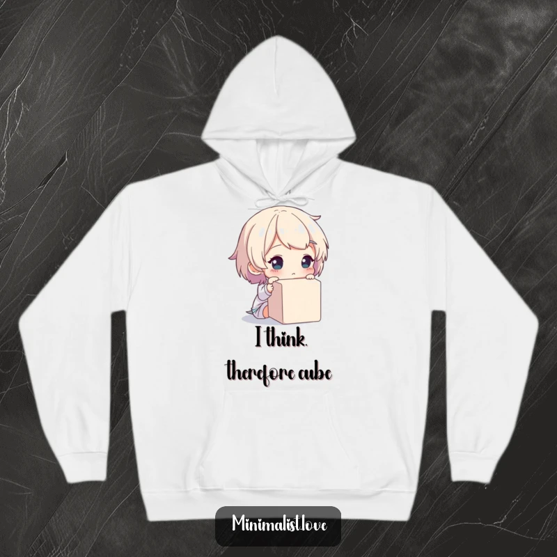 Funny hoodie featuring a character in deep thought over a single, unadorned cube, for cozy contemplation.