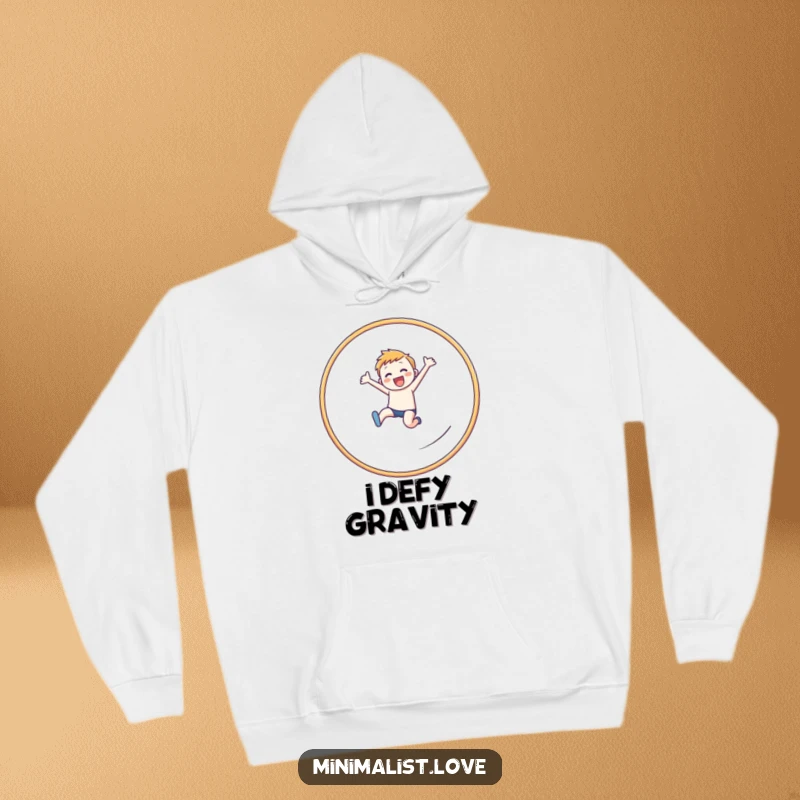 Funny cheerful figure hoodie depicting a dynamic leap through a clean, linear hoop, inspiring action.