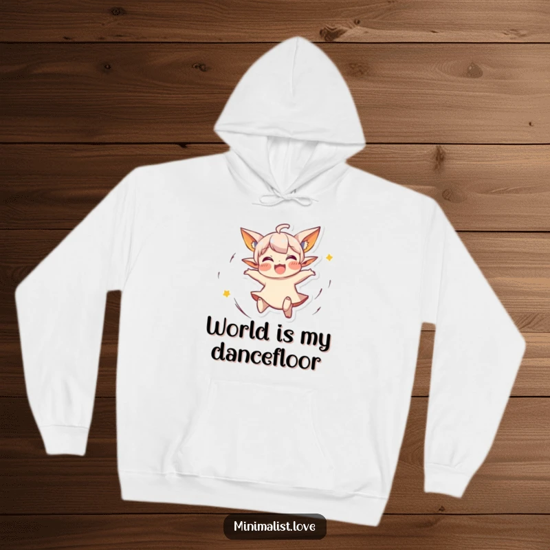 Funny Hoodie featuring a small character with pointed ears, joyfully spinning around, full of life. Excellent funny gift.