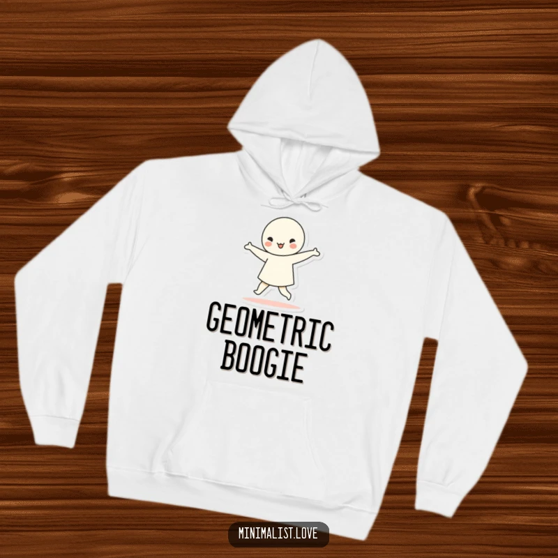 Funny minimalist character dancing with simple geometric shapes, on a warm hoodie. Humorous, comfortable, and artistically rhythmic.
