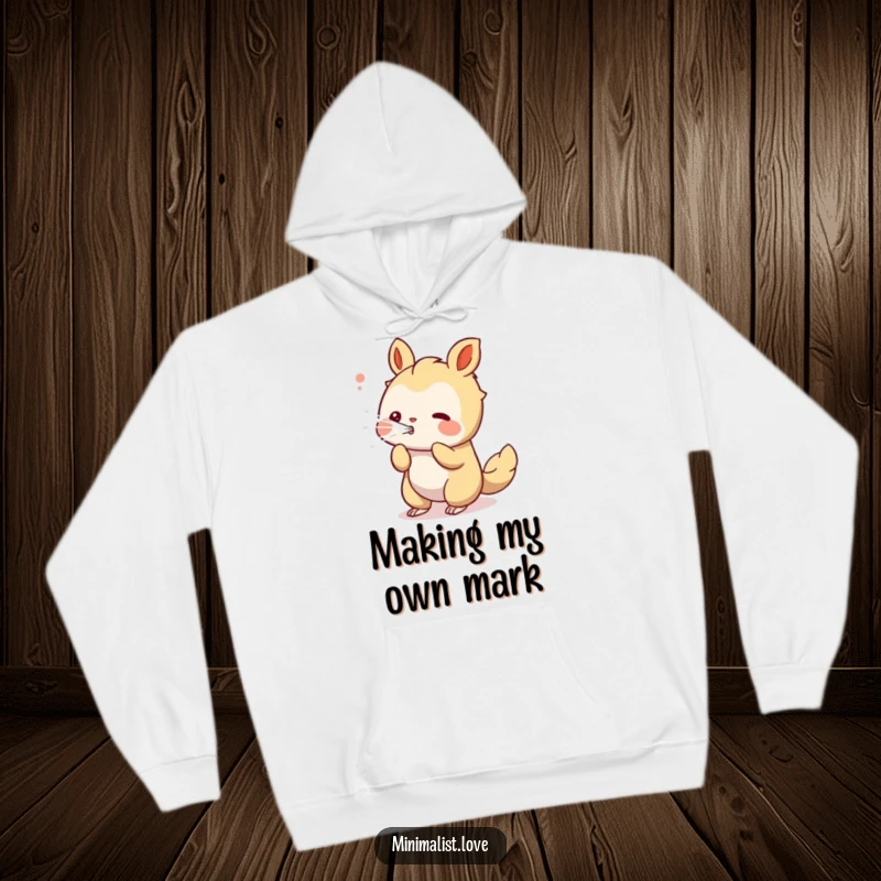 Funny playful creature hoodie showing a character blowing a stream of clean, white lines, inspiring artistry.