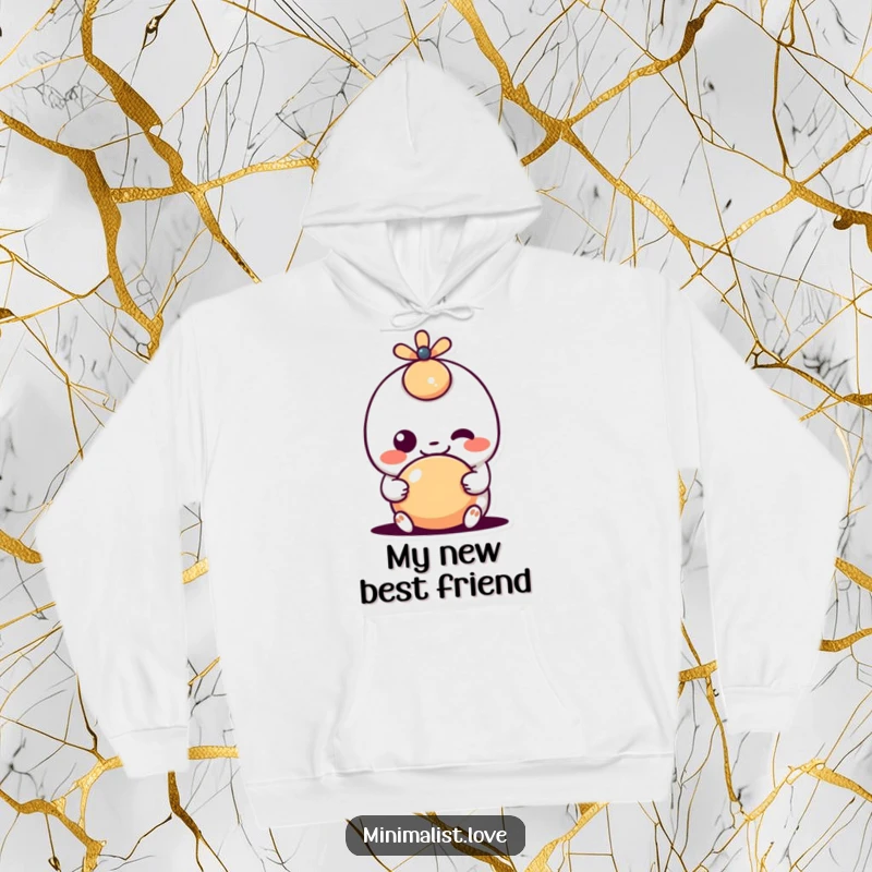 Funny kawaii character with a goofy grin interacting with a simple shape, featured on a soft hoodie, radiating warmth and silly charm.