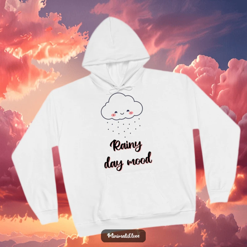 Funny minimalist cloud hoodie smiling and raining perfect dots, offering cozy comfort and cheerful vibes.