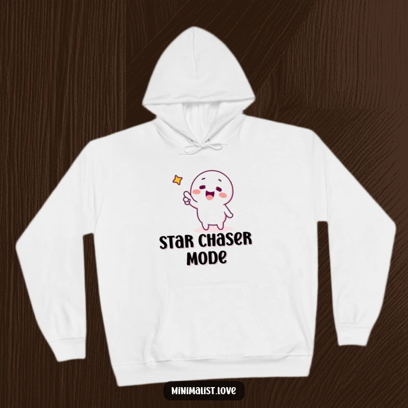 Funny minimalist character excitedly pointing at a single star, on a warm hoodie. Humorous, comfortable, and inspiring.