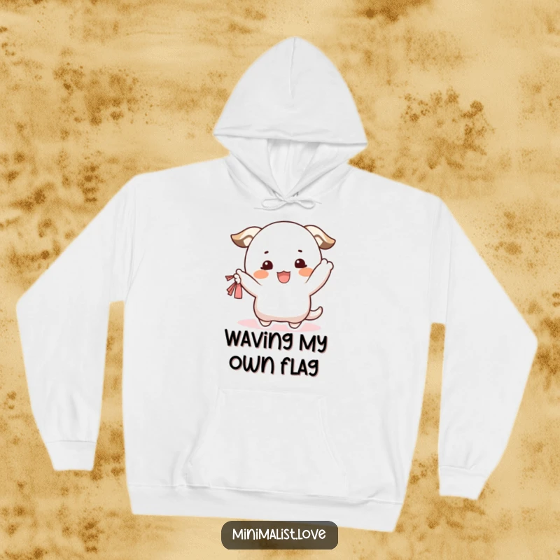 Funny Hoodie depicting a happy character with a blush, energetically waving a small fabric, radiating warmth. Excellent funny gift.