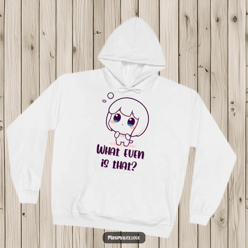 Funny hoodie showing a character's stunned reaction to a floating abstract shape, ideal for cold days.