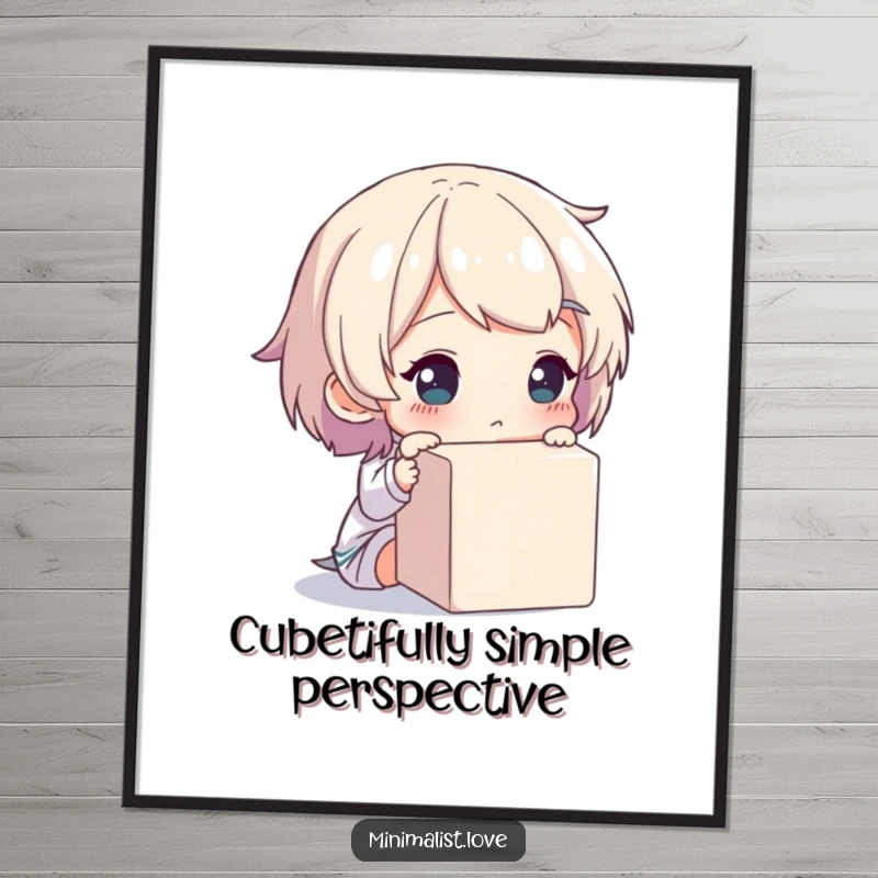 Funny Free Printable Wall Art: a character thoughtfully examines a stark, unadorned cube, creating minimalist intrigue.