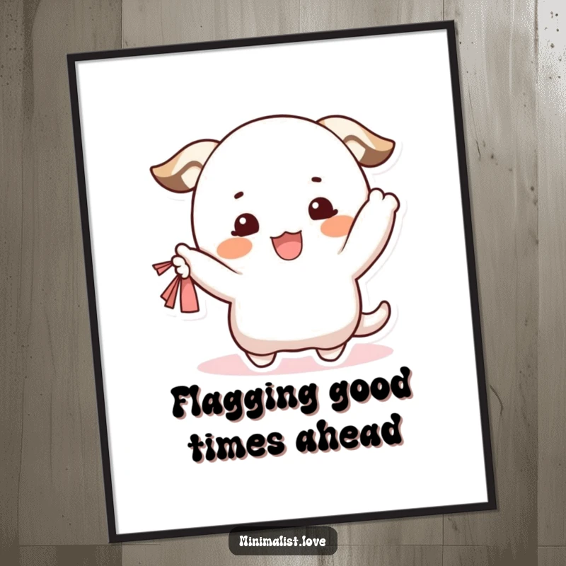 Funny Free Printable Wall Art: A happy character with blushing cheeks excitedly waves a small fabric, radiating pure, infectious joy.