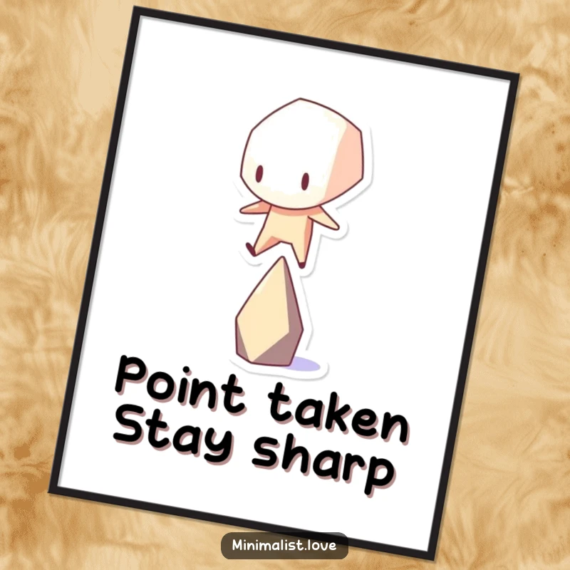 Funny Free Printable Wall Art: Stark geometric shape character humorously balancing on a single point, abstract and witty wall decor.