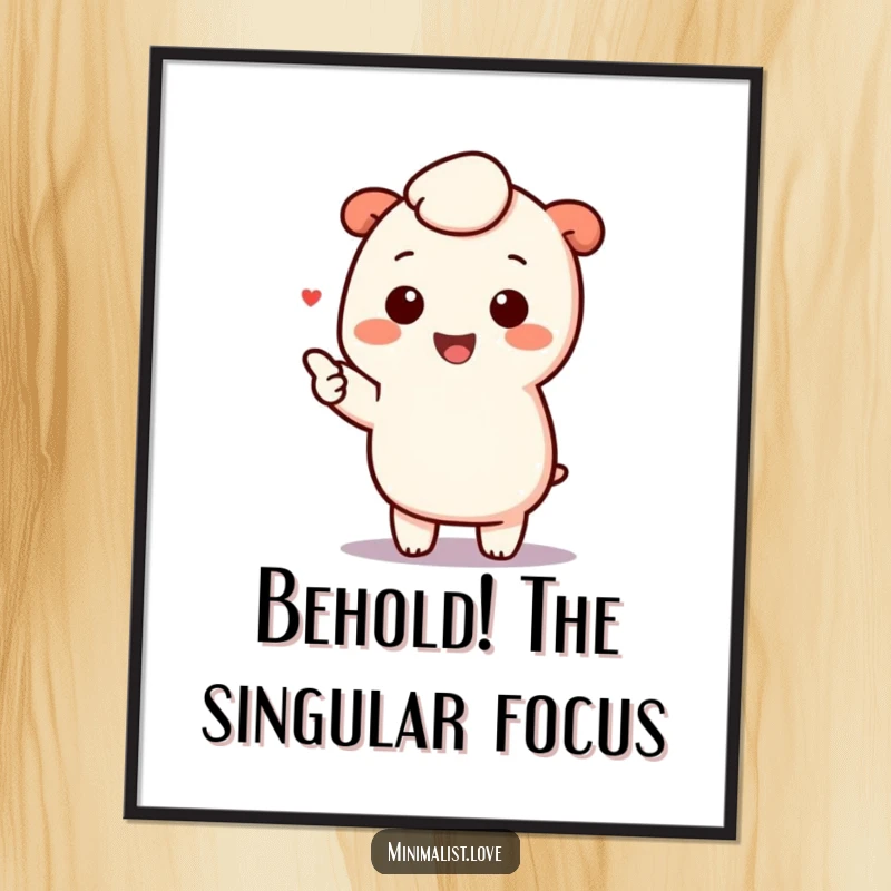 Funny Free Printable Wall Art: A cute kawaii character emits pure joy, happily pointing towards a single, clean minimalist design element.