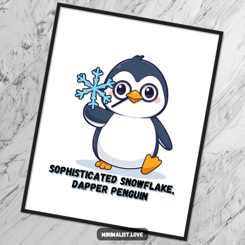 Funny Free Printable Wall Art: Penguin wearing a monocle, delicately balancing a single snowflake. Elegant and witty art.