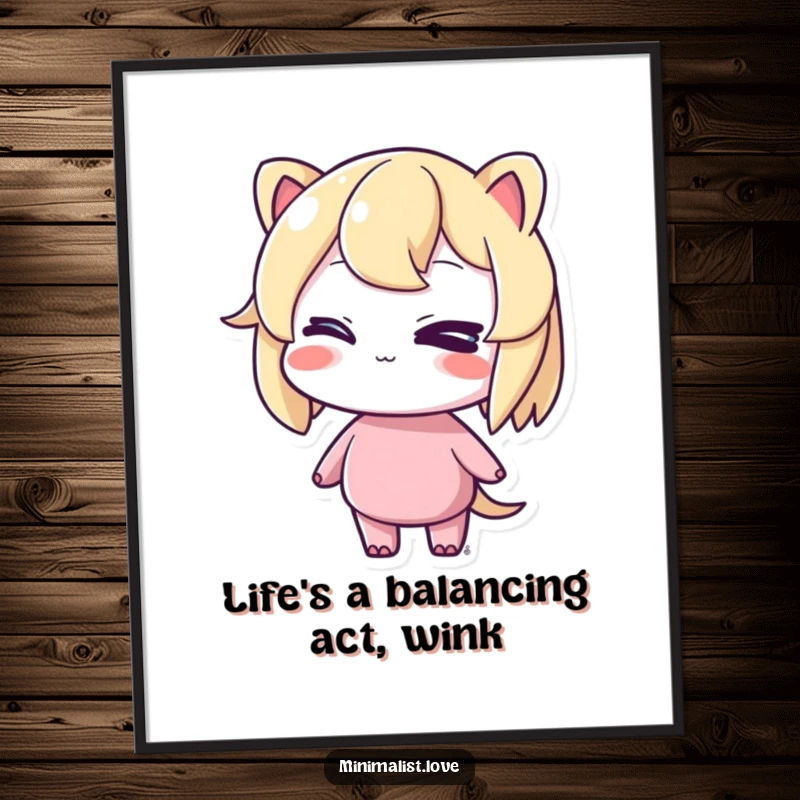 Funny free printable wall art of a character winking mischievously while standing in an impossibly perfect balance.