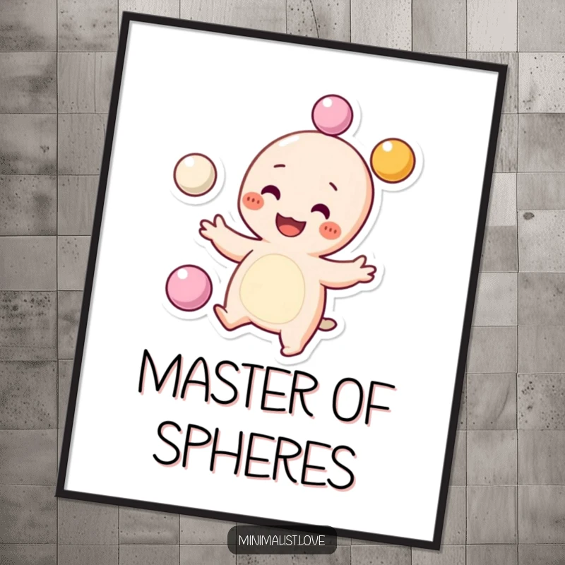 Funny Free Printable Wall Art: A grinning character with dots for cheeks playfully juggles three small spheres, radiating joy and silliness.