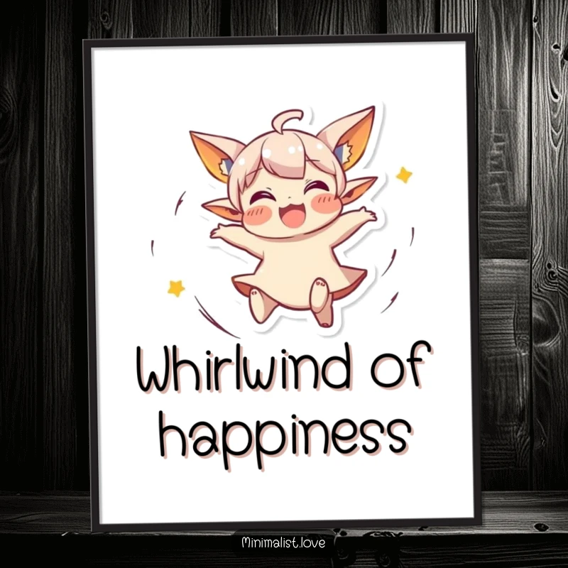 Funny Free Printable Wall Art: A small character with pointed ears spins around with pure joyful abandon, creating a dynamic and whimsical scene.