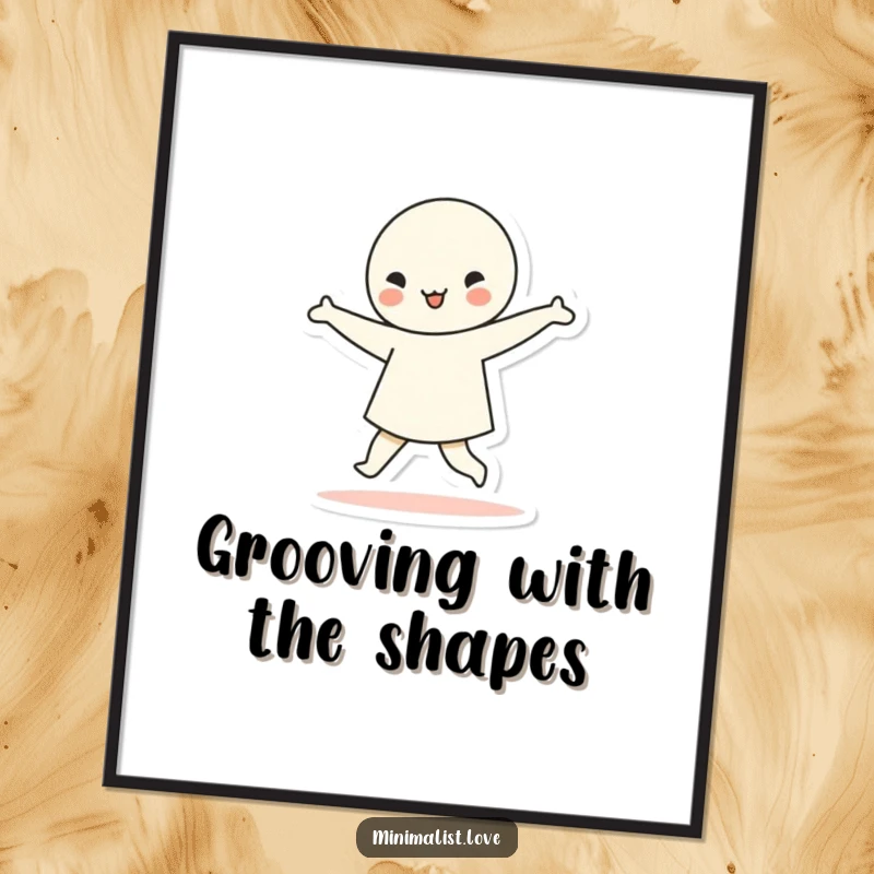 Funny Free Printable Wall Art: A minimalist character in a dynamic dance pose, surrounded by floating, simple geometric shapes, full of rhythm.